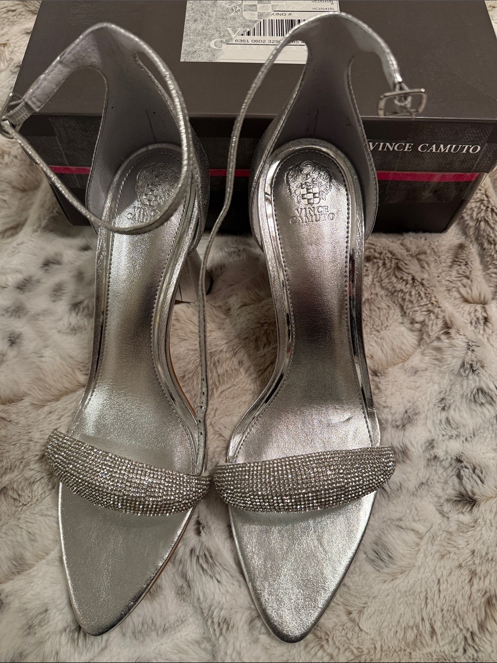 Vince Camuto Silver Crystal Open-Toe Ankle-Strap 3.5 inch Block Heels